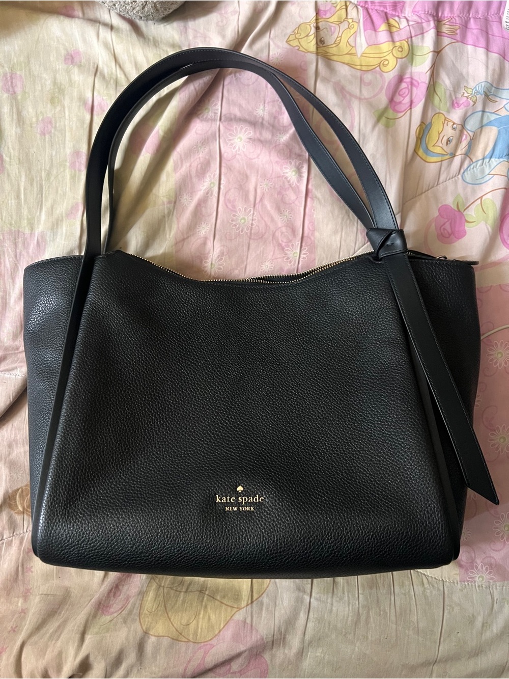 kate spade Black Pebbled Leather Double-Handle Tote with Gold Logo